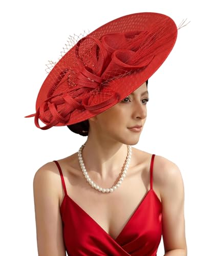 Unpifolov Fascinators Hats Elegant Women Flower Mesh Feathers Wedding Cocktail Bride Headband for Derby Hat Tea Party - color: Red