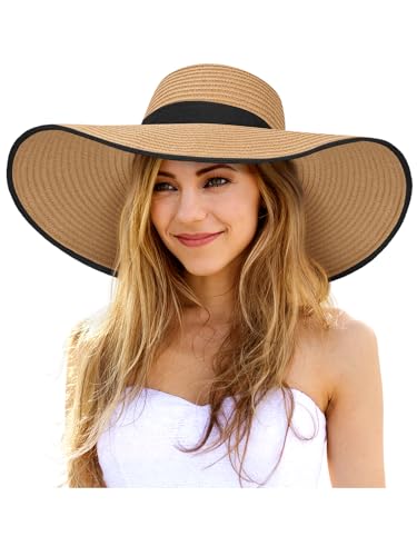 Floppy Sun Hats for Women, Summer Wide Brim Straw Beach Hat - color: Khaki Black, size: X-Large