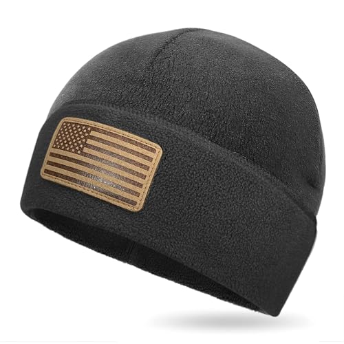 OUTDOOR SHAPING American Leather Flag Fleece Watch Cap, USA Multi-Season Army Military Tactical Beanie, Winter Warm Beanie - color: Fleece Black