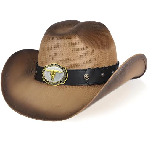 WQWOVRVO Cowboy Hat,Cowgirl hat,Brown Cowboy Hats for Women/Mens Straw Wide with Shapeable Brim Western Cowboy Hat for Womens - color: Camel & Brown