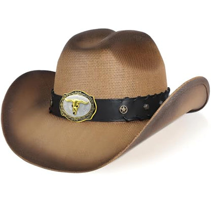 WQWOVRVO Cowboy Hat,Cowgirl hat,Brown Cowboy Hats for Women/Mens Straw Wide with Shapeable Brim Western Cowboy Hat for Womens - color: Camel & Brown