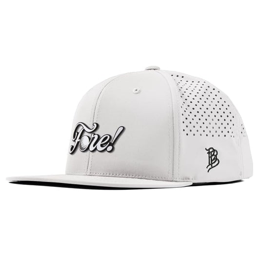 Branded Bills Fore! Performance Golf Hat for Men, 6 Panel Flat Bill Snapback Baseball Cap - color: White