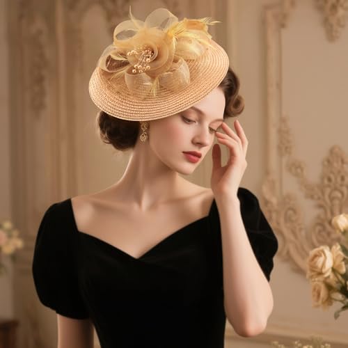 DRESHOW Fascinators Hat Flower Mesh Feathers Hat with a Headband and a Clip 7.9" Tea Party Headwear for Women - color: Folded Style 2: Sand Beige / 7.9"