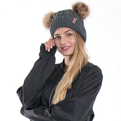 Arctic Paw Pom Pom Beanie Cable Knit Fleece Lined Winter Beanie Women Hat - color: Charcoal Hat Coffee Ball