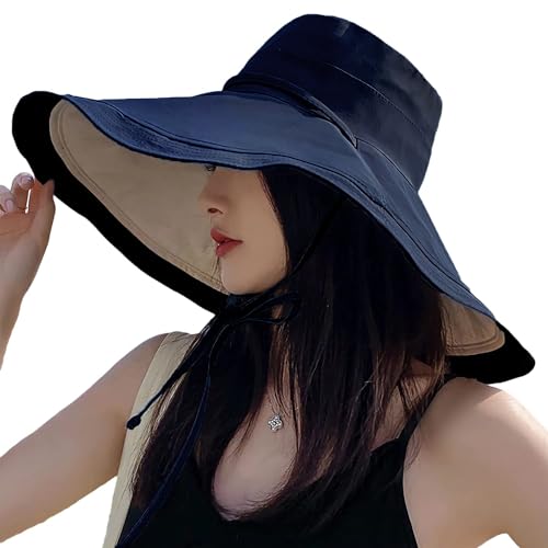 HUAMULAN Women Summer Vacation Wide Brim Sun Hat Reversible Fishing Hats - color: Navybeige