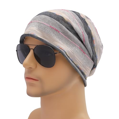 ZLYC Cotton Thin Slouchy Beanie Hat for Men Women Stretch Skull Cap - color: Stripes Gray, size: One Size