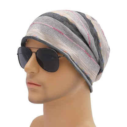ZLYC Cotton Thin Slouchy Beanie Hat for Men Women Stretch Skull Cap - color: Stripes Gray, size: One Size