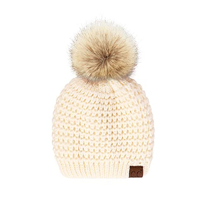 C.C Hatsandscarf Exclusives Unisex Solid Ribbed Beanie with Pom (HAT-43) - color: A Waffle Stitch Pattern-ivory