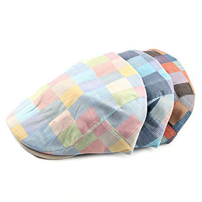 Gudessly Mens Adjustable Colorful Striped Plaid Ivy Newsboy Cabbie Gatsby Golf Cap Flat Cotton Hat Thin Cap - color: 826blue