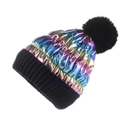 WITHMOONS Winter Pom Beanie Shiny Metallic Fleece Knit Hat Slouchy Cap YZP0255 - color: Rainbow