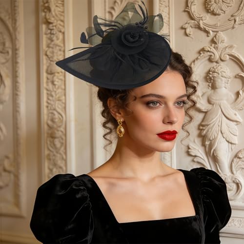 Women Vintage Fascinator Hat Flower Feather Mesh Headband Clip Pillbox Headwear for Wedding Tea Party - color: 02 Black