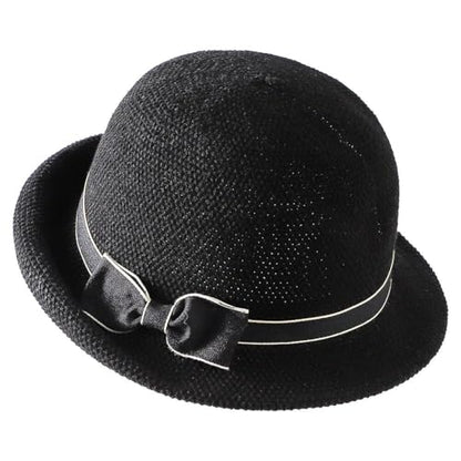 Women Beach Cloche Sun Bucket Hat Rolled Church Hat Folded Shipping - color: Bowknot/Black