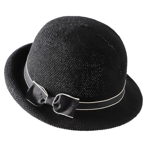 Women Beach Cloche Sun Bucket Hat Rolled Church Hat Folded Shipping - color: Bowknot/Black