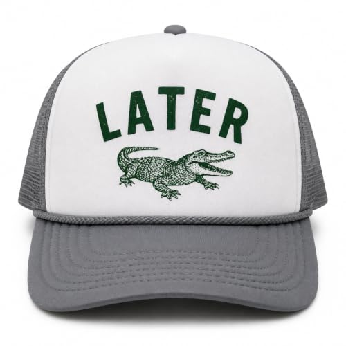 Later Gator Trucker Hat for Men & Women Funny Foam Front Classic 5 Panel Snapback - color: White/Grey