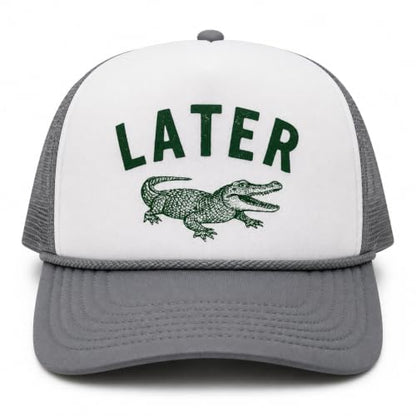Later Gator Trucker Hat for Men & Women Funny Foam Front Classic 5 Panel Snapback - color: White/Grey