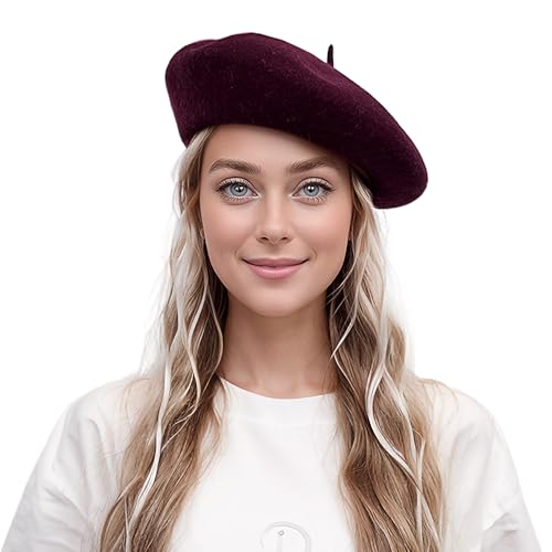 Lanzom Wool Blend Women Beret Hat French Beret Cap Winter Fashion Solid Color Hat for Women Girls Lady - color: Wine Red