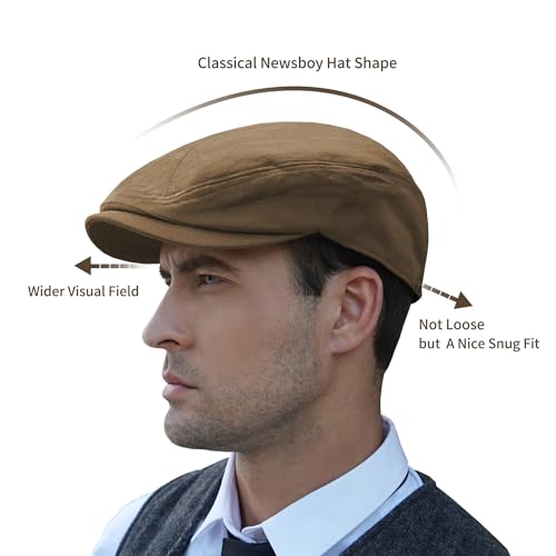 POUDAY Men's Cotton Newsboy Cap Flat Cap Newsboy Hat for Men Cabbie Hat Breathable Soft Summer Hat for Driving Hunting Golf - color: Khaki, size: X-Large