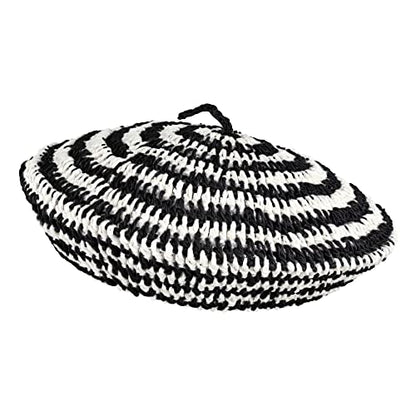 Women Summer Straw Woven Sunhat Classic Beret Artist Painter Sun Hat Cap - color: Stripes Black