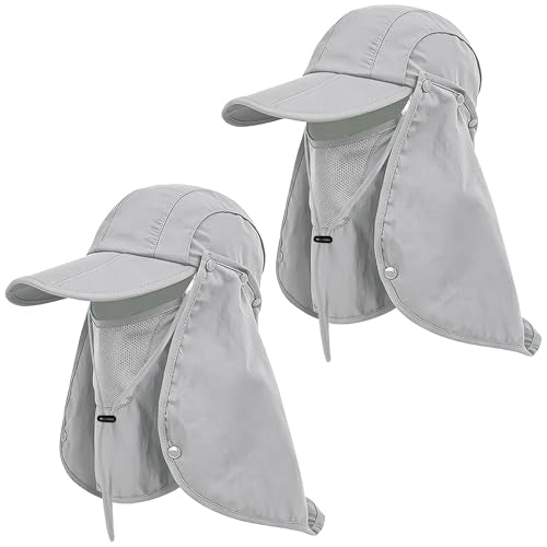 2Pack Men’s Foldable Sun Hat with Removable Face Mask & Neck Flap, UPF 50+ UV Protection, Quick-Drying Outdoor Fishing Cap - color: Light Grey+light Grey