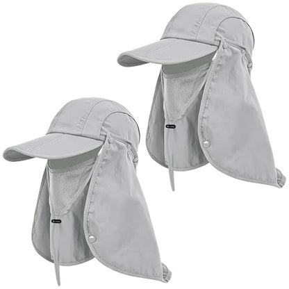 2Pack Men’s Foldable Sun Hat with Removable Face Mask & Neck Flap, UPF 50+ UV Protection, Quick-Drying Outdoor Fishing Cap - color: Light Grey+light Grey