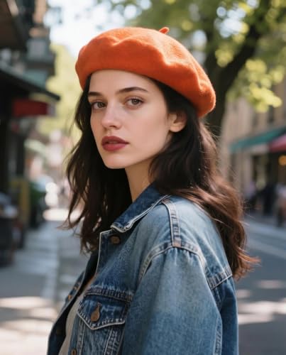 Wool French Beret Hats for Women Classic Winter Beanie Cap - color: Orange