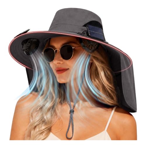 2 in 1 Wide Brim Sun Hat with 2 Solar Fans Sunshade UPF 50+ Garden Outdoor Fishing Beach Essential - color: Deep Grey