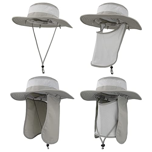 Outdoor Sun Hat UPF 50 Protection Waterproof Fishing hat Face Cover Summer Neck Flap Hat - color: Light Gray