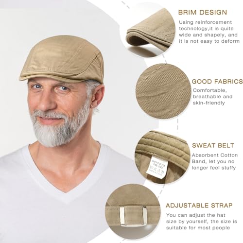 Newsboy Hats for Men Flat Cap Cotton Adjustable Breathable Irish Cabbie Ivy Driving Hunting Hat - color: Light Khaki