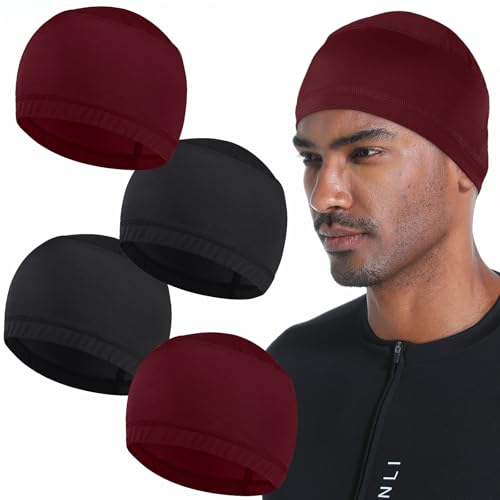Cooling Skull Caps for Men Hard Hat Helmet Liner Cycling Cap Running Beanie - color: 4pcs-（2pcs Wine Red+2pcs Black）