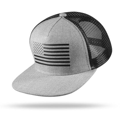 UALON Baseball Cap, Snapback Trucker Hat for Men & Women with American Flag and Adjustable, Breathable Mesh, Flat Bill Hats - color: Gray/Black