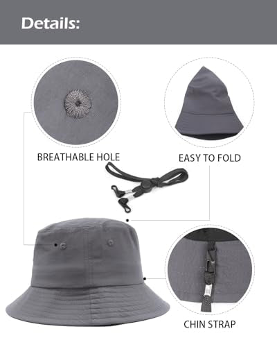 Zylioo XL XXL Bucket Hat for Big Heads, Quick Dry Travel Sun Hat with Strap - color: Gray, size: Small-Medium