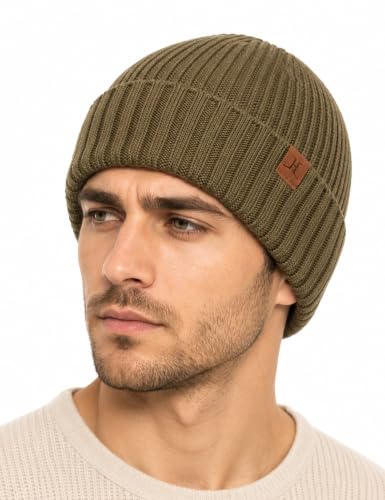 Winter Beanies Hats for Men, Knit Fleece Beanie Skull Caps, Mens Toboggans Ribbed Cuffed Stocking Hat - color: Olive