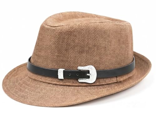 Classic Fedora Hat for Men Women Short Brim Panama Summer Beach Hat Accessories with Belt Buckle - color: Khaki, size: Small-Medium