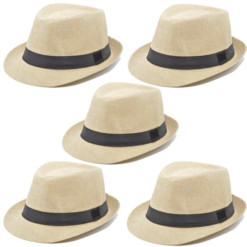 5 Pack Bulk Cuban Fedora Sun Hats Men with Adjustable Strap, Short Brim 1920s Unisex Party Costume Hats Women. - color: Cream Beige(size:l-xl)