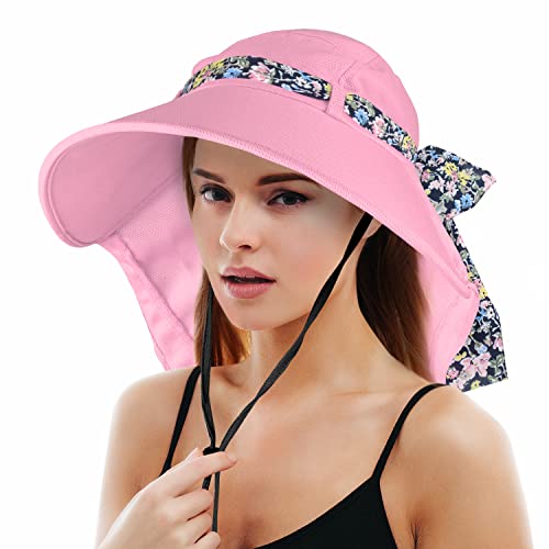Solaris UPF 50+ Wide Brim Sun Hat for Women - Small Size Packable Lightweight, Floral Scarf Cooling Hat with Neck Flap - color: Pink-round