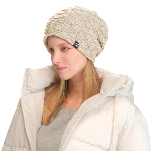 C.C Fuzzy Lined Beanie, Thick Soft Knit Winter Hat, Warm Cozy Skull Cap for Women & Men - color: Beige