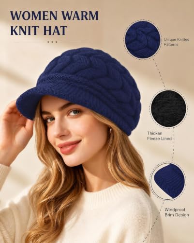 YSense 2 Pack Womens Winter Hats Warm Knit Beanie with Visor - color: Dark Blue Black
