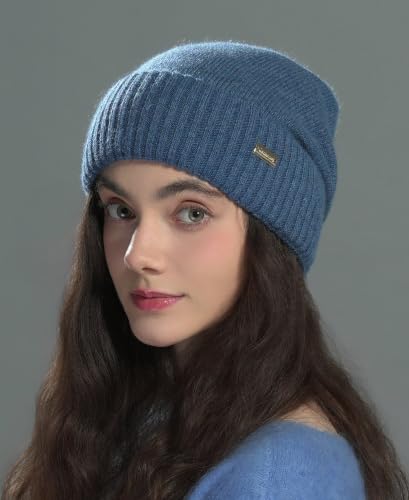 jaxmonoy Slouchy Beanies for Women Winter Lightweight Ladies Knit Hat Cuffed Soft Warm Slouch Beanie Cap - Brown - color: Denim Blue