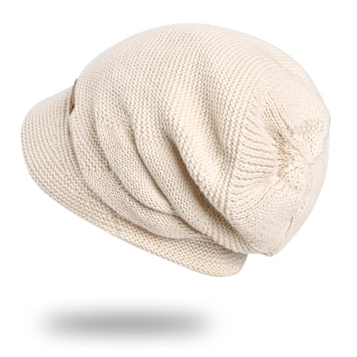 Womens Winter Beanie Hat,Fleece Lining Warm Knitted Slouchy Beanie Hats Cap with Visor - color: Beige