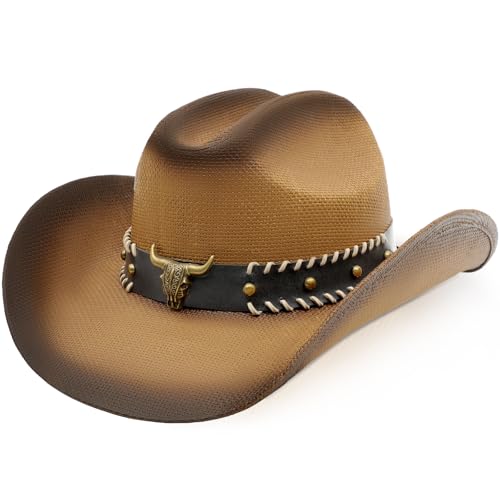WQWOVRVO Cowboy Hat,Cowgirl hat,Brown Cowboy Hats for Women/Mens Straw Wide with Shapeable Brim Western Cowboy Hat for Womens - color: Brown & Coffee Color B