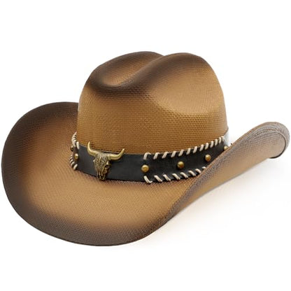 WQWOVRVO Cowboy Hat,Cowgirl hat,Brown Cowboy Hats for Women/Mens Straw Wide with Shapeable Brim Western Cowboy Hat for Womens - color: Brown & Coffee Color B