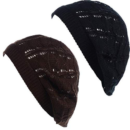 BYOS Chic Parisian Style Soft Lightweight Crochet Cutout Knit Beret Beanie Hat - color: 2-pack Wavy Stripes Brown & Black