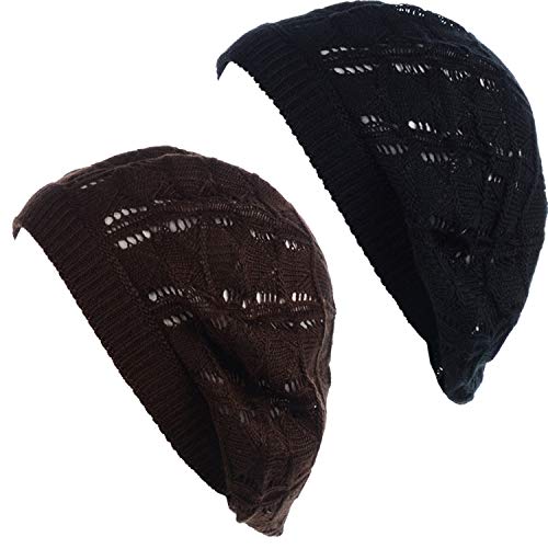 BYOS Chic Parisian Style Soft Lightweight Crochet Cutout Knit Beret Beanie Hat - color: 2-pack Wavy Stripes Brown & Black