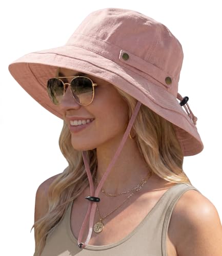 Sun Hats for Women, Wide Brim Beach Hat, Linen Cotton, UPF 50+, Breathable Packable, Gardening Hiking Travel - color: Pink