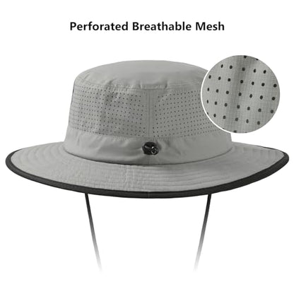 BASSDASH UPF 50+ Water-Resistant Fishing Bucket Hat with Laser Perforated Mesh Adjustable for Men Women Outdoor Hiking - color: Light Grey