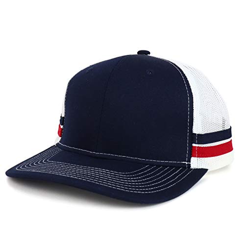 Trendy Apparel Shop Two Striped Flatbill Snapback Trucker Mesh Cap - color: Rich Navy Flame Red