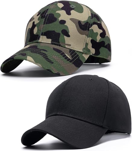 Structured Baseball Hats for Men Women Breathable Washed Cotton Baseball Caps Adjustable Golf Dad Hat for Wide Occasion - color: 2 Pcs Camo and Black, size: Medium-Large