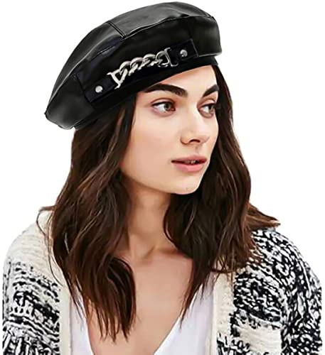 XYIYI Beret Hats PU Leather French Beret Cap Artist Beanie Hat for Women Girls - color: Black Chain