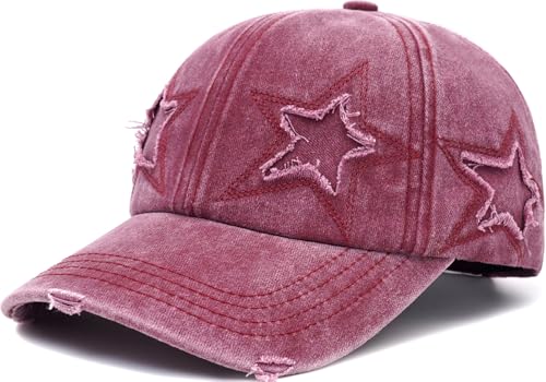 Retro Washed Distressed Baseball Cap with Five Pointed Stars for Women Men - color: Wine Red