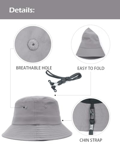 Zylioo XL XXL Bucket Hat for Big Heads, Quick Dry Travel Sun Hat with Strap - color: Light Gray, size: Small-Medium